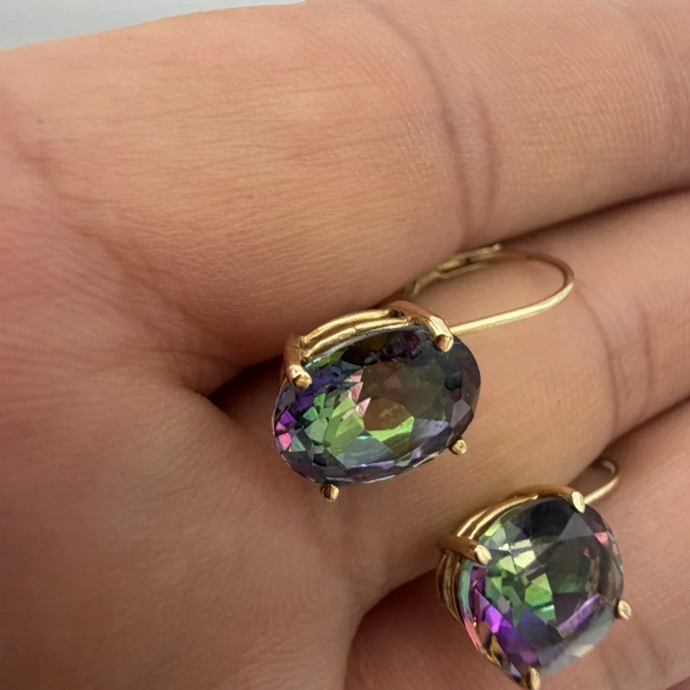 Designer 14K Yellow Gold Mystic Topaz Earrings Dangle Lever Back 8x10 Mm 2.84 Gr